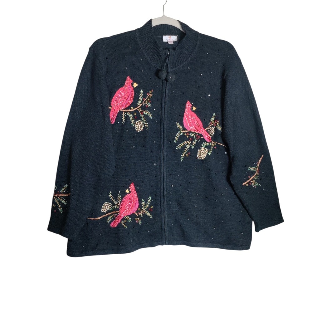 Quacker Factory Cardinal Embroidered Sequin Zip Cardigan Sweater Black 3X